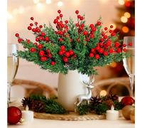 45Pcs Christmas Artificial Pine Branches with Red Berry Stems- 26cm Faux Evergreen Norfolk Cypress Leaves Stems- Fake Foliage Pine Needles Picks for DIY Craft Garland Red Berries Xmas Home Decor