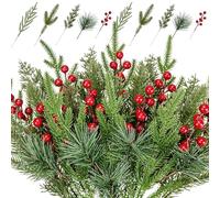 45Pcs Christmas Pine Branches Holly Berries Sprays Fake Norfolk Pine Stems Cedar Leaves Artificial Red Berry Greenery Picks for Xmas Tree, Vase Fillers, Winter DIY Wreath Garland Christmas Decor (A)