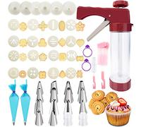 45PCS Cookies Press Gun Kit Set,DIY Cookie Maker With 16Cookie Discs,Icing Tips,Cleaning Brushes,EVA Piping Bags,Cookies Decorating Kit Baking Tool For Biscuit Making, Red, Large