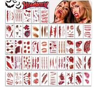 45Sheets Fake Scars Zombie Tattoos - Halloween Wounds Blood Vampire Bite Mark Face temporary Tattoo Stickers for Kids Adults, Chucky Makeup Props Make Up Costume Cosplay Masquerade Prank Party