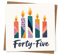45th Birthday Card, Five Patterned Candles, Forty-Five | Five bright patterned candles and bold “Forty-Five” text create a cheerful look for a 45th birthday.