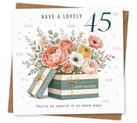 45th Birthday Card for Her, Flowers, Gift Box, Confetti | Have a Lovely 45th message with large 45, bouquet of blooms, striped gift box and confetti dots-made for her 45th.