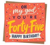 45th Birthday Card for Her, Oh My God You're Forty-Five | Bright coral card with sprinkle confetti and bold text “Oh my god you’re Forty-Five” plus “Happy Birthday!” for her 45th.