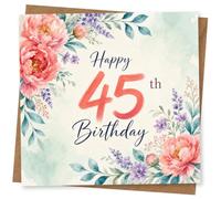45th Birthday Card for Her, Pink Blooms & Purple Florals | ‘Happy 45th Birthday’ in elegant script, with soft pink blooms, purple flowers and teal leaves for her.