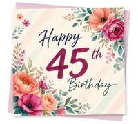 45th Birthday Card for Her, Watercolour Blooms & Script | Bold handwritten-style “Happy 45th Birthday” greeting framed by vibrant watercolour flowers and leafy corners for her 45th.