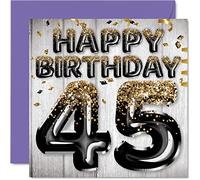 45th Birthday Card for Men, Black & Gold Glitter Balloons