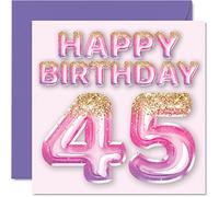 45th Birthday Card for Women - Pink & Purple Glitter Balloons - Happy Birthday Cards for 45 Year Old Woman Mum Cousin Friend Sister Auntie, 145mm Greeting Cards Gift