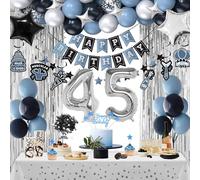45th Birthday Decorations, Dusty Blue 45 Birthday Decorations for Men Women, Blue Sliver Black Birthday Party Decor with Happy Birthday Banner, Number Balloons, Foil Balloons, Swirl