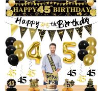 45th Birthday Decorations for Men, Black Gold 45th Party Decorations | 27pcs Happy 45th Birthday Set: Banner, Honeycomb Table, Hanging Swirl, Balloon, Cake Topper, 45 Years Old Bday Decorations