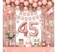 45th Birthday Decorations for Women Girls, Happy 45 Birthday Decorations for Her, Rose Gold Birthday Party Supplies with Banner, Number Balloons, Fringe Curtains, Hanging Swirls
