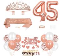 45th Birthday Decorations Princess Crown Queen Tiara It's My 45th Birthday Sash 45 Year old Cake Topper Number Balloons Set for Party Supplies, Rose Gold