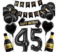 45th Birthday Decorations Set Women and Men, Black Gold 45 Birthday Decoration Balloon, 45th Birth Party Supplies Including Banner, Shoulder Strap and Wine Bottle Balloon