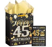 45th Birthday Medium Gift Bag, Black and Gold Birthday Presents Bag with Greeting Cards and Tissue Paper, Perfect for Any 45th Celebration