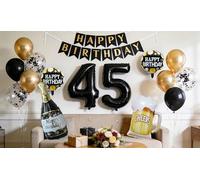 45th Birthday Party Decorations, Black Metallic Gold 45th Birthday Banner Number 45 Champagne Bottle Foil Confetti Balloon Beer Party Supplies for 45 Years Old Men Him Husband(45th)