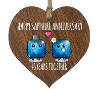 45th Wedding Anniversary Plaque Gift for Husband Wife - 45 Years Together - Happy Sapphire Anniversary Wooden Heart for Women Men Partner, Dark Wood Sign Keepsake Gifts