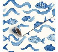 45x300cm Peel and Stick Wallpaper Seamless Coastal Fish Abstract Underwater World Trellis Navy Blue Wavy Contact Paper Self Adhesive Removable Wallpaper Waterproof for Backsplash Bedroom Kitchen