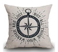 45x45cm Cushion Cover Not All Those Who Wander Are Lost Inspirational Travel Quote Decoration with Nautical Compass Rose Vintage Décor Cotton Linen Home Decorative Throw Pillow Case Sofa Couch 18"x18"