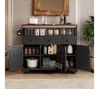 46.5'' Farmhouse Kitchen Island - Black with Beaded Drapes, Power Outlet, Rolling Wheels, 3 Doors, 3 Drawers & Iron Shelf - Ideal for Modern Kitchens & Dining Rooms