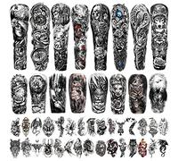 46 Full Arm Waterproof Temporary Tattoos For Men(L22.8“xW7”), Tiger Clock Flower Skeleton Animals Fake Tattoos for Adult Men and Women, Hand Forearm Shoulder 3D Temp Tattoo Stickers