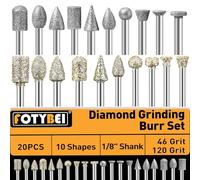 46-Grit and 120-Grit Diamond Grinding Burr Bits Set 20Pcs Compatible with Dremel Rotary Tool, Diamond Burrs with 1/8" Shank for Stone Glass Ceramic Grinding Carving and Polishing
