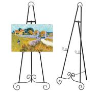46" H Metal Round Tube Scroll Display Easel, Classic Black Decorative Large Adjustable Floor Standing Easel with Chain Support, Perfect for Showcasing Pictures, Artwork, Picture Frame Wedding Sign Etc