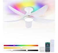 46 Inch Ceiling Fans with Remote/App Lights, Low Profile Ceiling Fans with Adjustable White Colors + Ring RGB Lights, 6 Speed, 5 Curved Blades