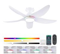 46 Inch Ceiling Fans with Remote/App Lights, Low Profile Ceiling Fans with Adjustable White Colors + Ring RGB Lights, 6 Speed, 5 Curved Blades