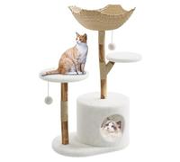 46" Modern Cat Tree Tower for Indoor Small Cats, Natural Wood Cat Tree with Wicker Basket Bed, Natural Scratching Post with Sturdy Base & Real Branch,Cat Furniture Luxury with 2Curved Platform,White
