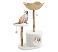46" Modern Cat Tree Tower for Indoor Small Cats, Natural Wood Cat Tree with Wicker Basket Bed, Natural Scratching Post with Sturdy Base & Real Branch,Cat Furniture Luxury with Curved Platform,White