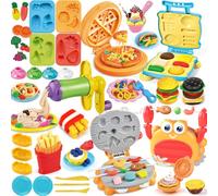 46 Pcs Dough Kitchen Set for Kids, Dough Toys Accessories with Crab Grill, 2 Skewers, Burger, Pizza, Pasta, Fries & Mini Tart Makers, Moulds, Plates Dough Tools Kit