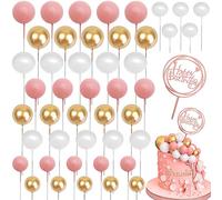 46 Pcs Happy Birthday Cake Topper Decorations, Pink and Gold Ball Cake Decorations Mini Foam Balls Cupcake Toppers for Women DIY Baby Shower Birthday Wedding Anniversary Party Decor