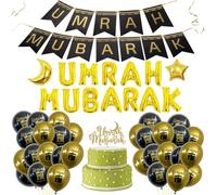 46-Piece Set Umrah Mubarak Decoration, Umrah Celebrations ,Elegant Cake Topper and Banner, Includes Umrah Dua Balloon, Perfect for Party Events