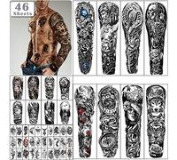 46 sheets Full Arm Skull Temporary Tattoos For Men Half Arm Shoulder Angel Tattoo for Ladies Fake Waterproof Wolf Lion Stone Tattoo Stickers For Adult or Kids