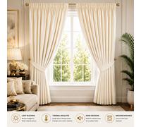 (46" x 54" (117cm x 137cm), Cream Pencil Pleat) 100% Blackout Curtains Plain Pencil Pleat & Ringtop Curtain Pair with Tiebacks