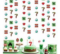 46Ft Pixel 7th Birthday Party Decorations Green Brown Miner Themed Garland Streamer for Kids Boys 7th Mining Craft Birthday Pixel Miner Gamer Cartoon Baby Shower Mining Party Decor Supplies
