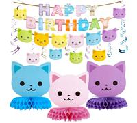 46pcs Cat Birthday Party Decorations Set - Cartoon Doll House Happy Birthday Banner, Kitty Birthday Decorations Hanging Swirls, Honeycomb Decor, Pet Cat Themed Parties