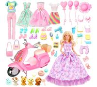 46Pcs Doll Clothes and Accessories Compatible with Barbie 11.5 Inch Girl Dolls, Motorcycle Scooter Doll Clothes Include 3 Dresses 2 Tops 1 Skirt 1 Trousers 1 Motorbike 5 Shoes 34 Accessories (NO Doll)