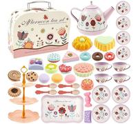 46Pcs Tea Party Set for Girls Flower Pattern Kids Tin TeaSet TeaSets Toys Toys Tea Party Cute Dessert Toy Pretending Plays Teapot Dessert TeaCup Sets for Birthday Partys