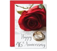 46th Anniversary Card for Women Men - Gold Rings Red Rose - Happy Wedding Anniversary Cards for Mum Dad Brother Sister Auntie Uncle, A5 Greeting Cards