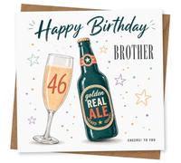 46th Birthday Card for Brother, 46 Age, Star Confetti | Brother 46th birthday design featuring a beer bottle, champagne glass, star confetti and “Happy Birthday Brother” wording.