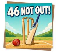 46th Birthday Card for Her, 46 Not Out Cricket Stumps | Big “46 NOT OUT!” headline above cricket stumps, bat and red ball on the pitch-fun 46th birthday humour for her.