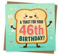 46th Birthday Card for Her, A Toast Message & Stars | Features a cute toast character holding a bubbly glass, scattered party stars and ‘A Toast For Your 46th Birthday!’ wording.