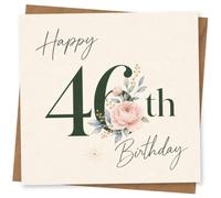 46th Birthday Card for Her, Green 46 & Peony Blooms | A large dark green “46th” framed by soft florals, finished with handwritten-style “Happy Birthday” wording.