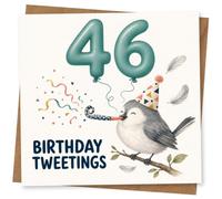 46th Birthday Card for Her, Party Bird, 46 Balloons, Confetti | Wish her a happy 46th with a cheerful party bird, balloon-style number 46, confetti bursts and “Birthday Tweetings”.