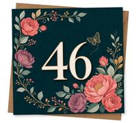 46th Birthday Card for Her, Teal Florals & Butterfly | Large “46” on rich dark teal, with pink and purple blooms, leafy gold-style details and a butterfly-made for her 46th.