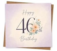 46th Birthday Card for Her, Watercolour Florals & Script | Features “Happy 46th Birthday” in delicate script with peach watercolour blooms, sage leaves and tiny gold dot details.