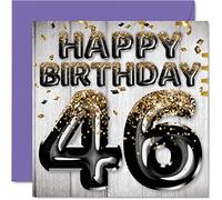 46th Birthday Card for Men - Black & Gold Glitter Balloons - Happy Birthday Cards for 46 Year Old Man Dad Cousin Friend Brother Uncle, 145mm Bday Greeting Cards Gift