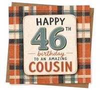 46th Birthday Card, Rustic Plaid, Hand-Drawn Style Type | Rustic plaid backdrop with large hand-drawn style lettering and a cousin message for a 46th birthday.
