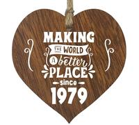 46th Birthday Wooden Heart Plaque - Making the world a better place - Dark Wood Sign Keepsake, Celebrate Birthday Nan Grandad Mum Dad, Plaque with Quotes Gifts from the Family