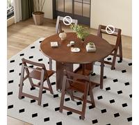 47.3" Solid Wood Round Drop Leaf Dining Table with 2 Folding Chairs & Wheels - Space-Saving Table for 4-8, Perfect for Smals & Modern Homes